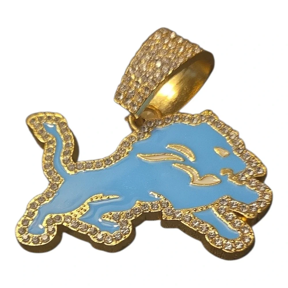 Detroit Lions Pendant Gold Tone Blue Enamel Crystal Pave Football Jewelry
